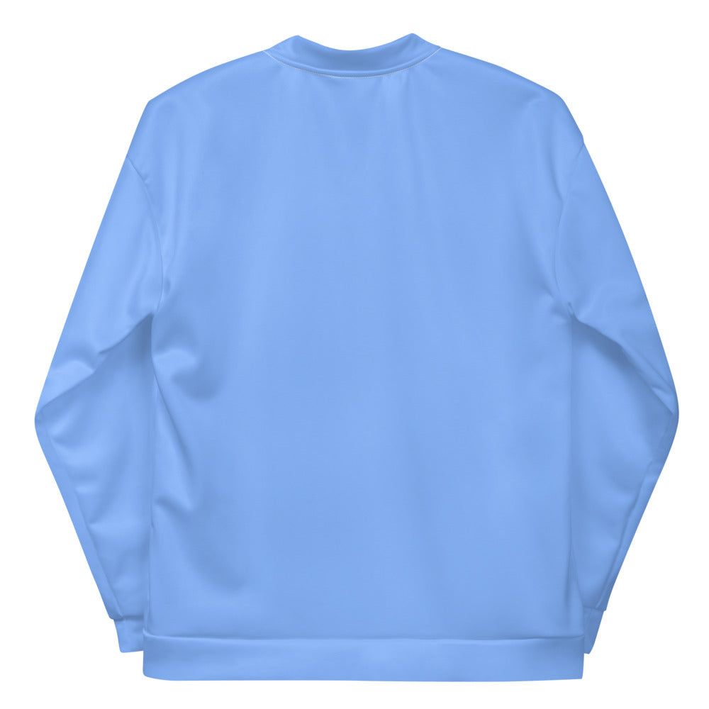 Ethically made light blue bomber jacket with silver zipper