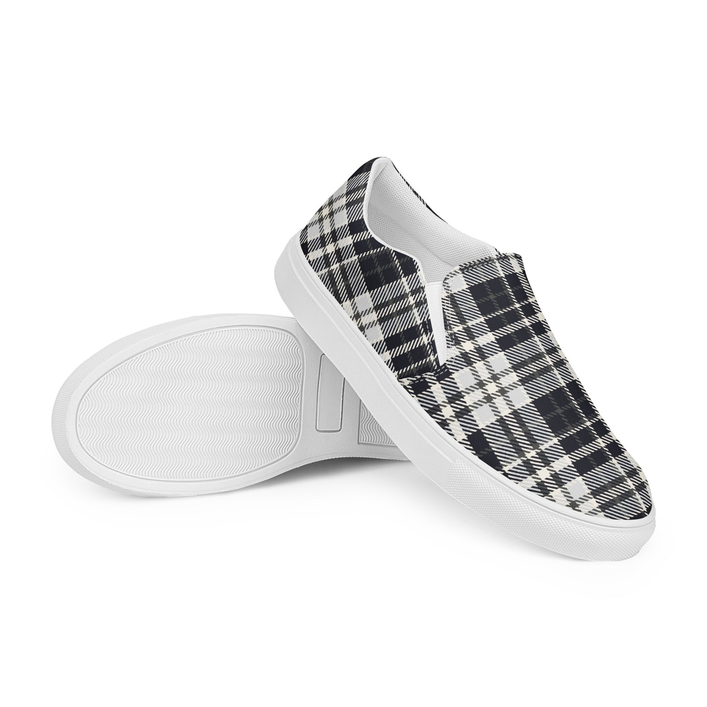 Black & White Tartan - Sustainably Made Men's Slip-On Canvas Shoes