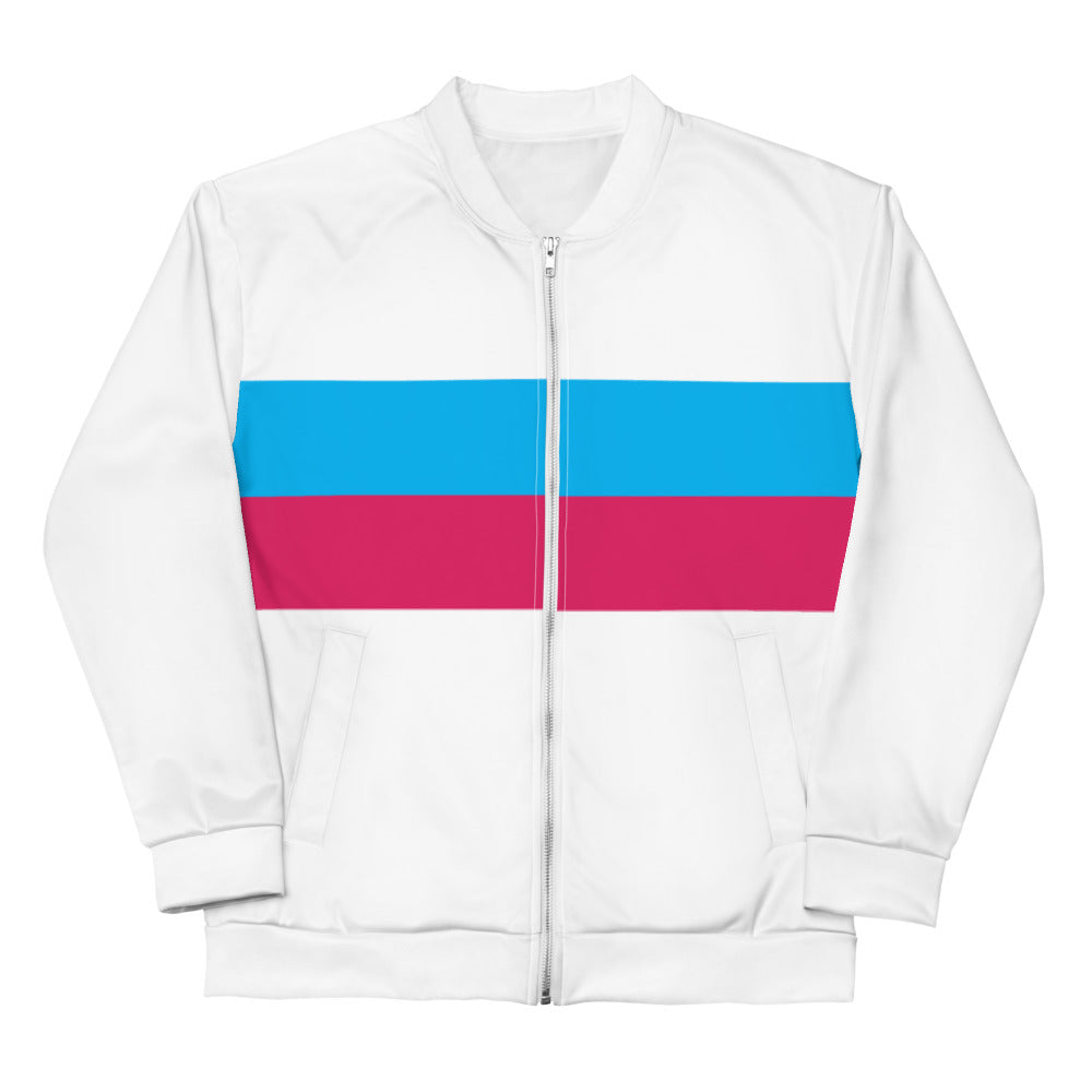 80’s vibes sustainably made bomber jacket with all-over print