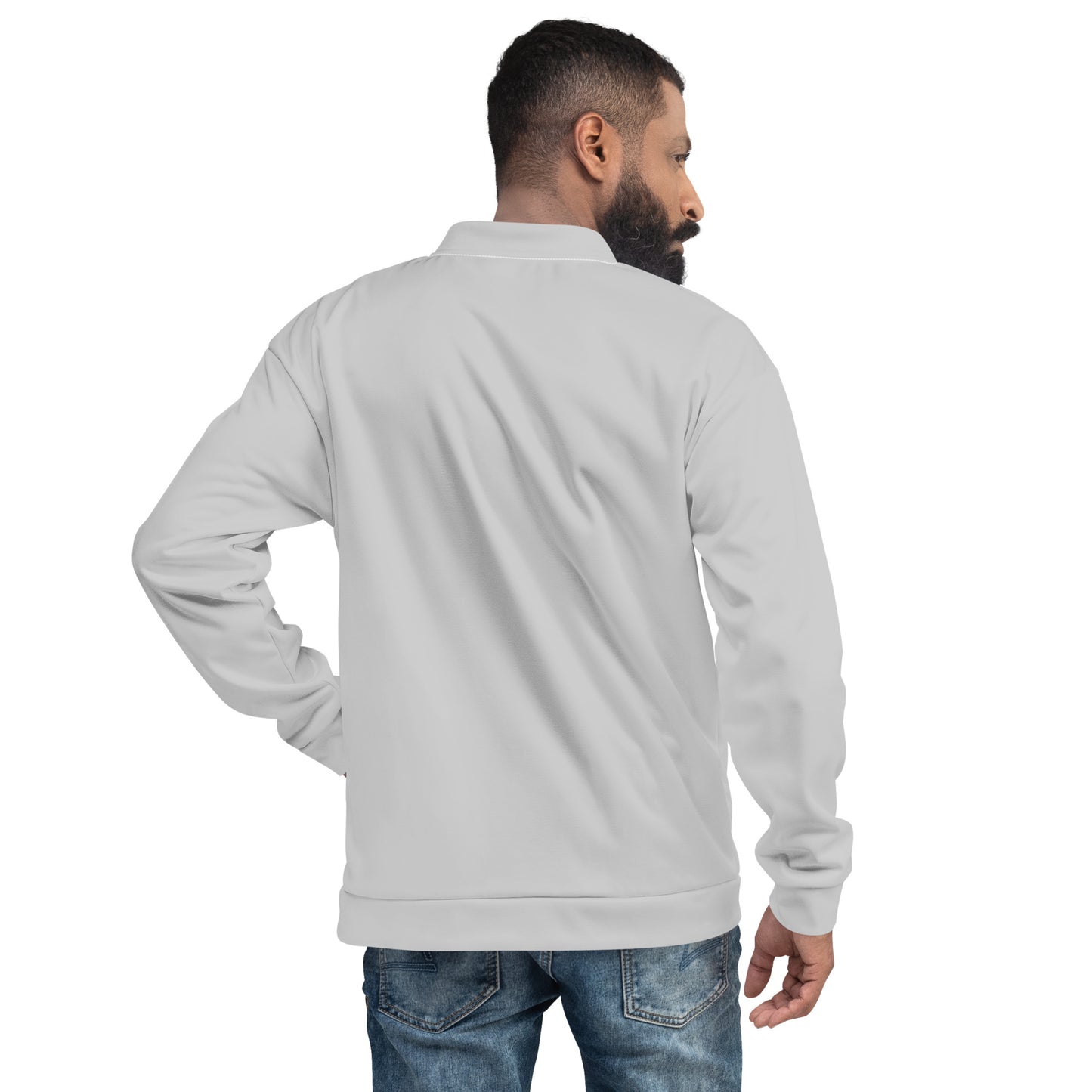 Ethically made light blue bomber jacket with silver zipper