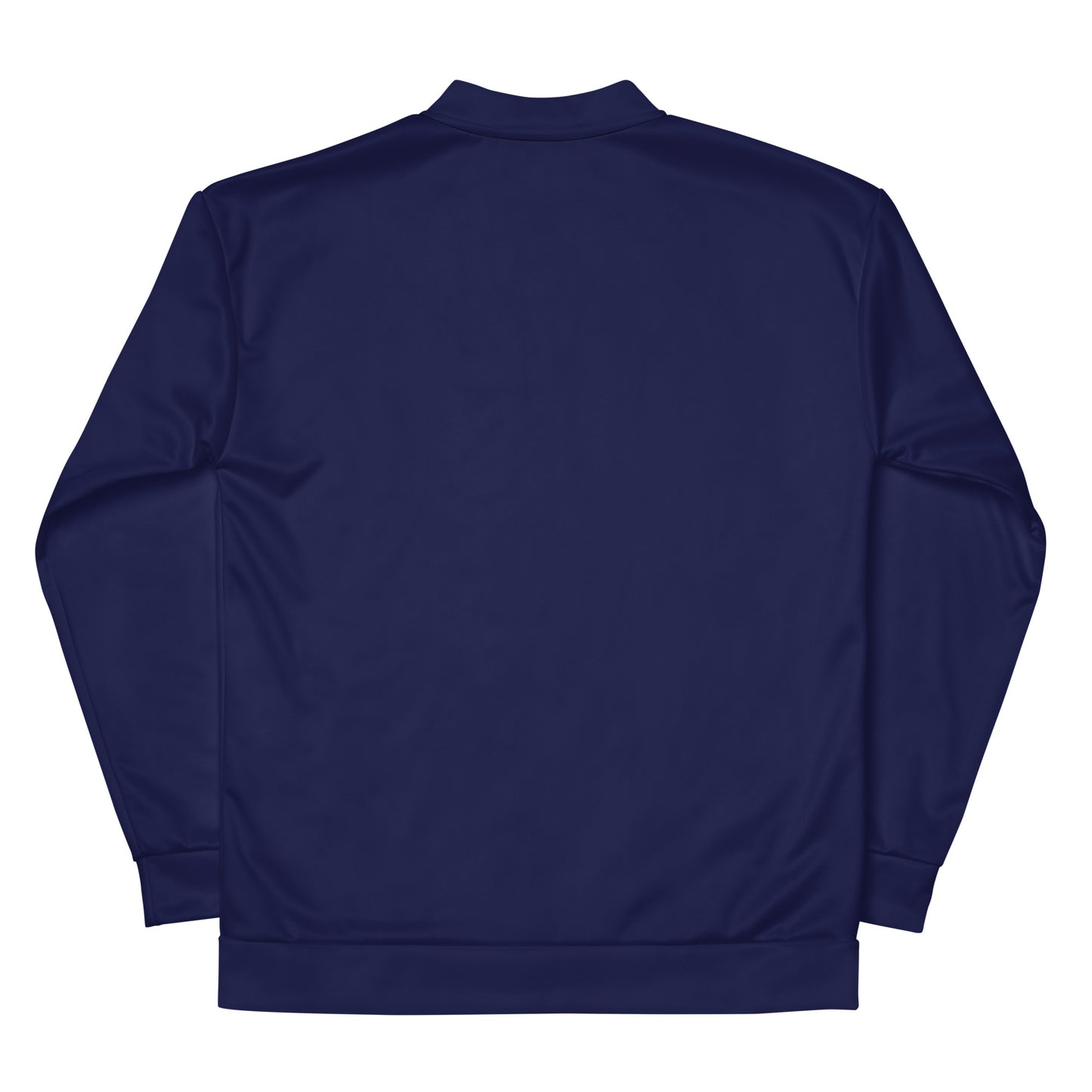 Ethically made navy bomber jacket with silver zipper