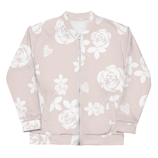 Baby pink floral sustainably made bomber jacket with all-over print