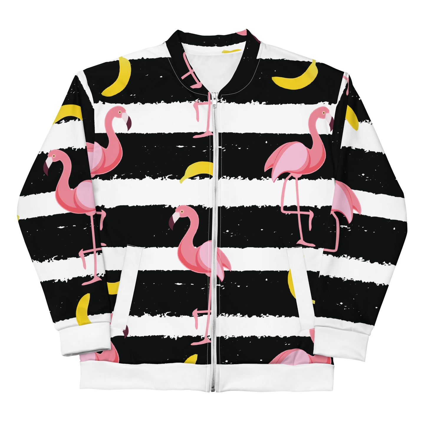 Banana flamingo sustainably made bomber jacket with all-over design