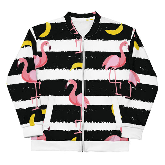 Banana flamingo sustainably made bomber jacket with all-over design